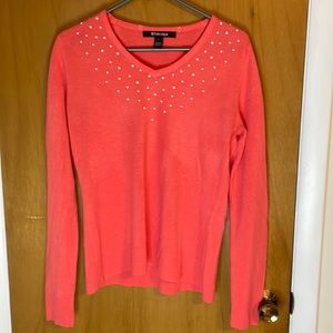 BYDesign Womens Large Coral V-Neck Sweater with White Dot Accents